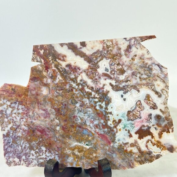 Vtg Hand-Painted Cactus Artwork On Natural Stone Moss Agate Slab With wood Stand - Picture 4 of 4